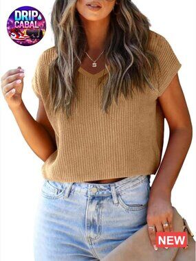 Cropped Knit Sweater Vest Cap Sleeve V-Neck Tank
